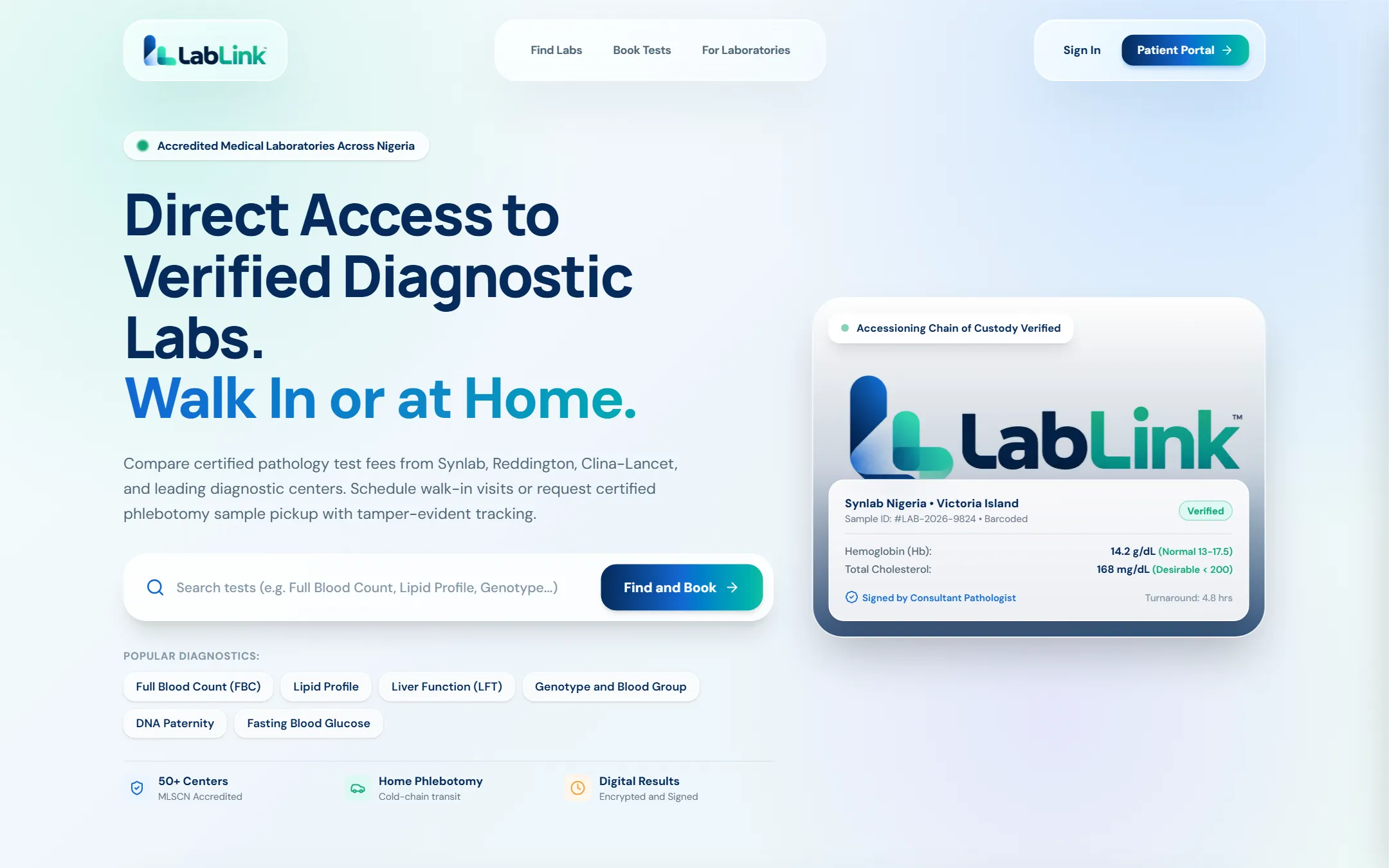 LabLink — Compare verified diagnostic labs, find a test and book a walk-in or home sample pickup.
